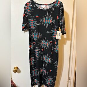 LuLaRoe Black Dress with Red and Teal Geometric Design